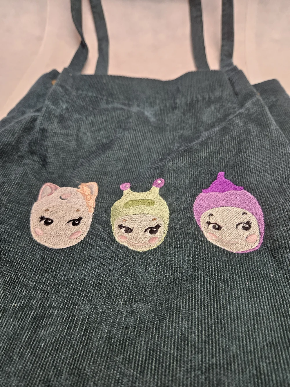 Corduroy Dark Green Tote Bag with Cute Embroidered Faces